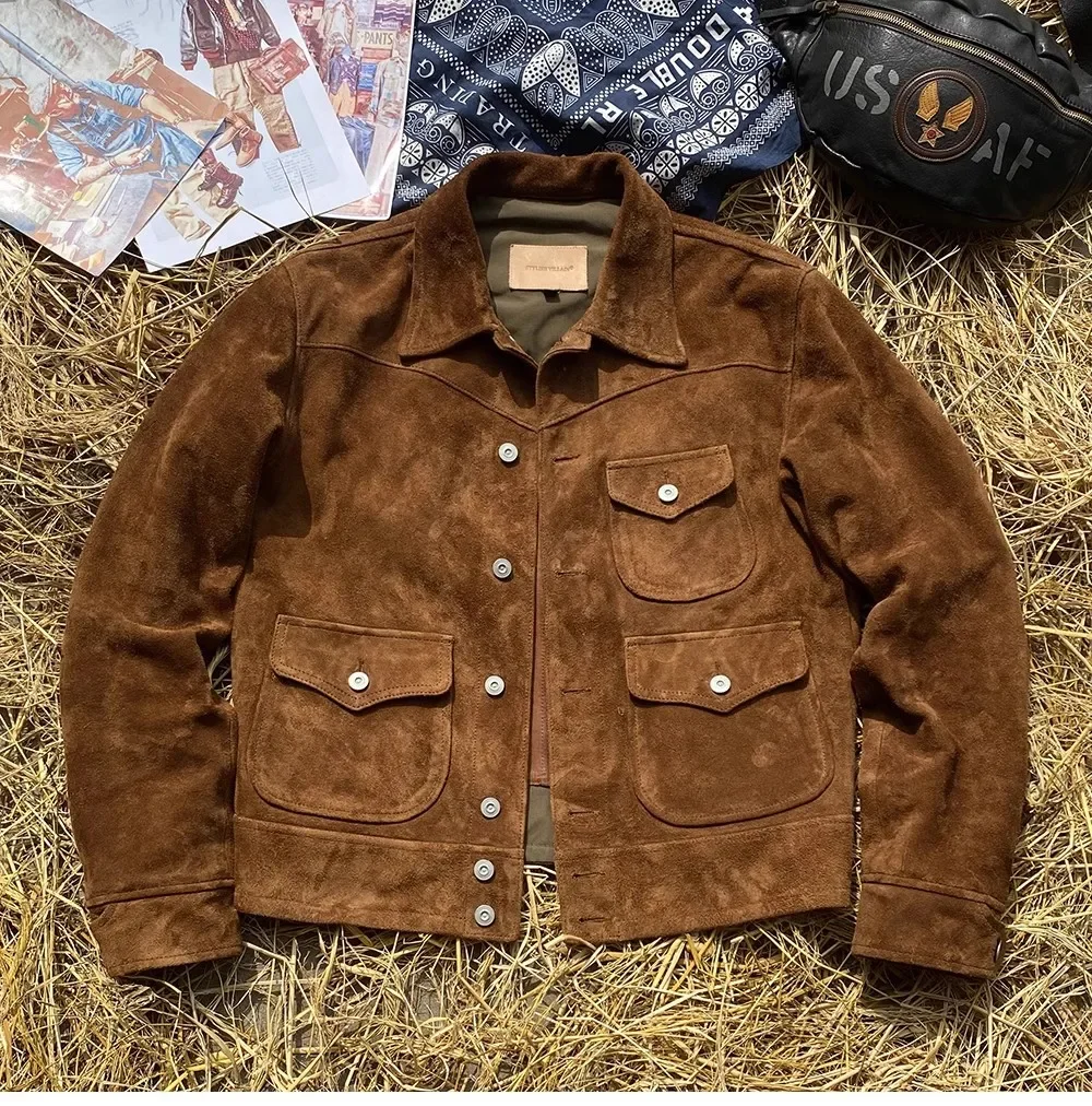 FNY Wholesales.Classic Vintage western leather jacket.Luxury Suede horsehide coat.Retro Short Causal real leather cloth.