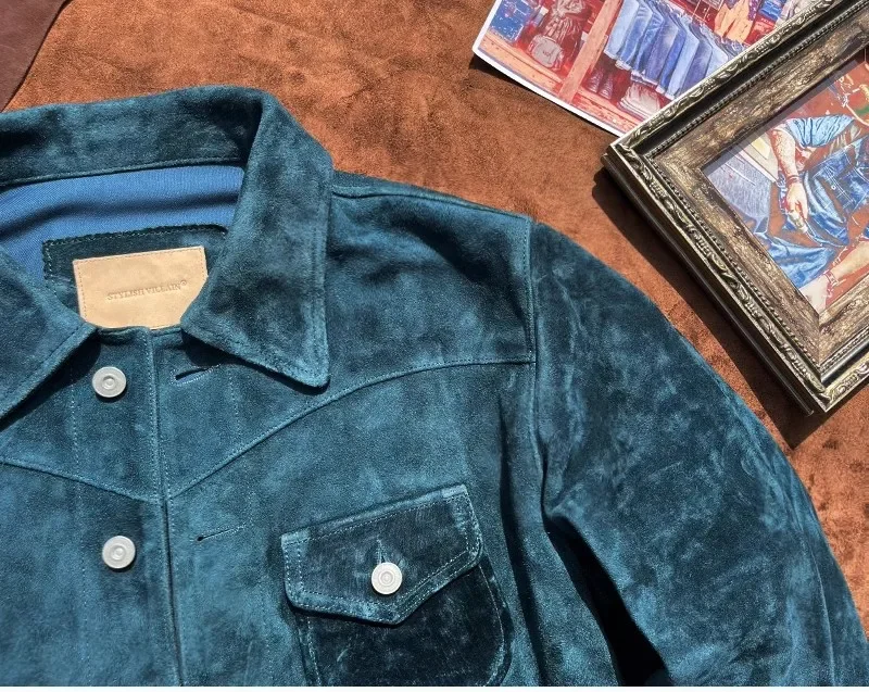 FNY Wholesales.Classic Vintage western leather jacket.Luxury Suede horsehide coat.Retro Short Causal real leather cloth.