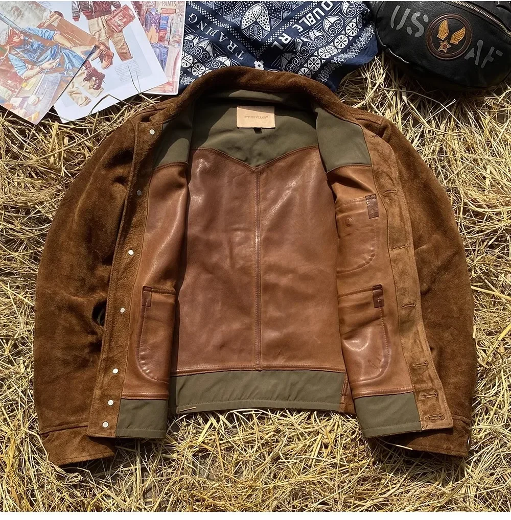 FNY Wholesales.Classic Vintage western leather jacket.Luxury Suede horsehide coat.Retro Short Causal real leather cloth.