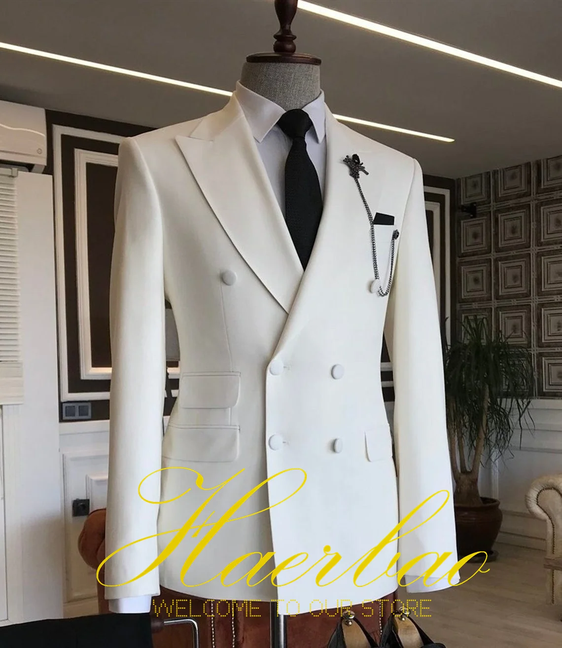 Ivory Men Wedding Tuxedos Suit Blazer Double Breasted Groom Suits For Men 2 Piece Party Best Man Jacket Pant Custom Made