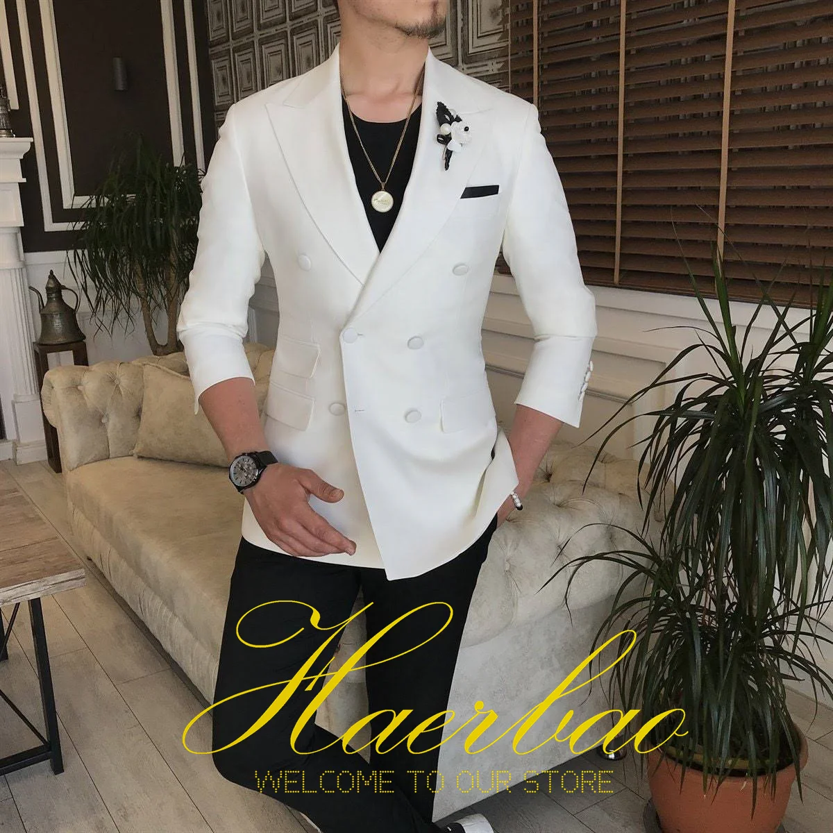 Ivory Men Wedding Tuxedos Suit Blazer Double Breasted Groom Suits For Men 2 Piece Party Best Man Jacket Pant Custom Made