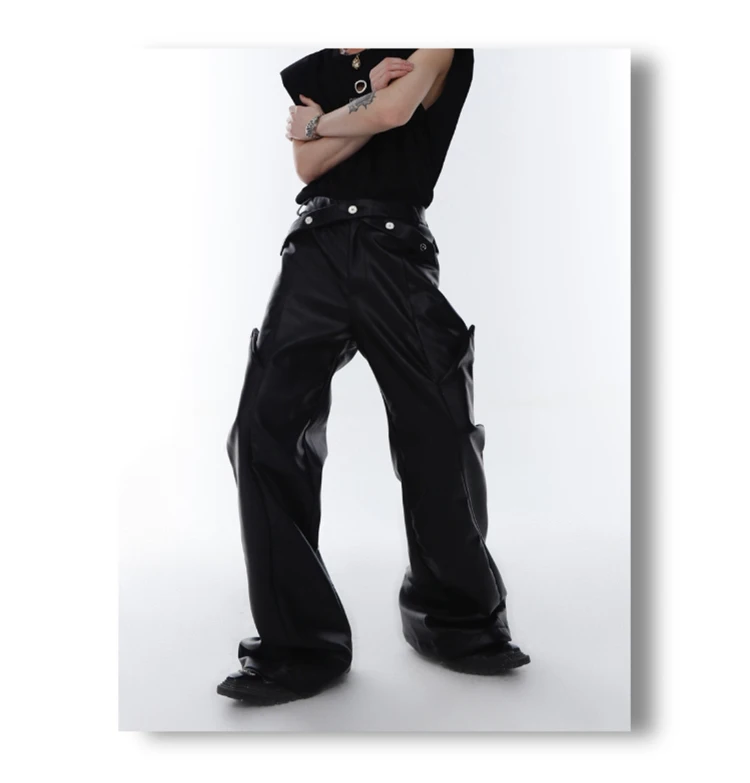 Mauroicardi Spring Autumn Long Loose Casual Brown Black Pu Leather Pants Men Luxury Designer Clothing Wide Leg Trousers 2023