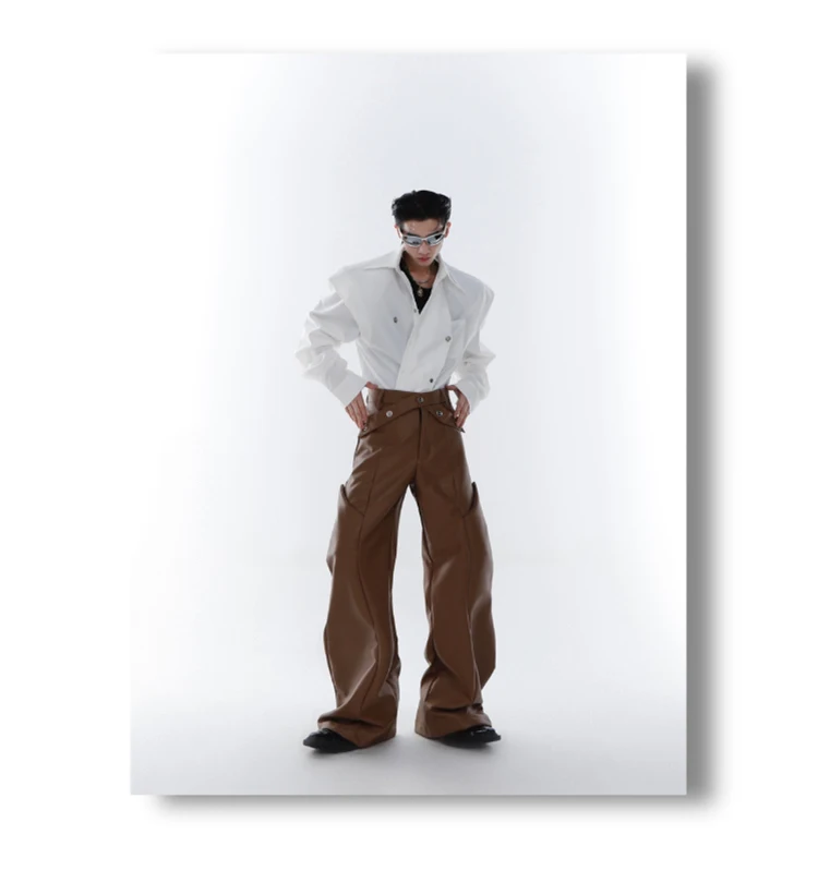 Mauroicardi Spring Autumn Long Loose Casual Brown Black Pu Leather Pants Men Luxury Designer Clothing Wide Leg Trousers 2023