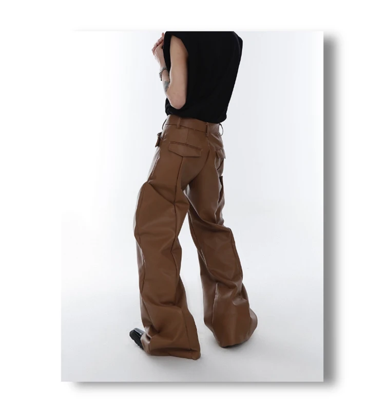 Mauroicardi Spring Autumn Long Loose Casual Brown Black Pu Leather Pants Men Luxury Designer Clothing Wide Leg Trousers 2023