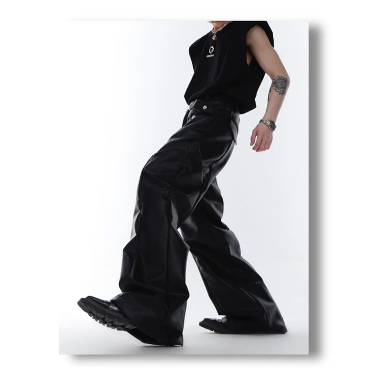 Mauroicardi Spring Autumn Long Loose Casual Brown Black Pu Leather Pants Men Luxury Designer Clothing Wide Leg Trousers 2023
