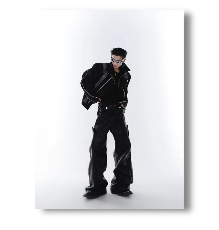 Mauroicardi Spring Autumn Long Loose Casual Brown Black Pu Leather Pants Men Luxury Designer Clothing Wide Leg Trousers 2023