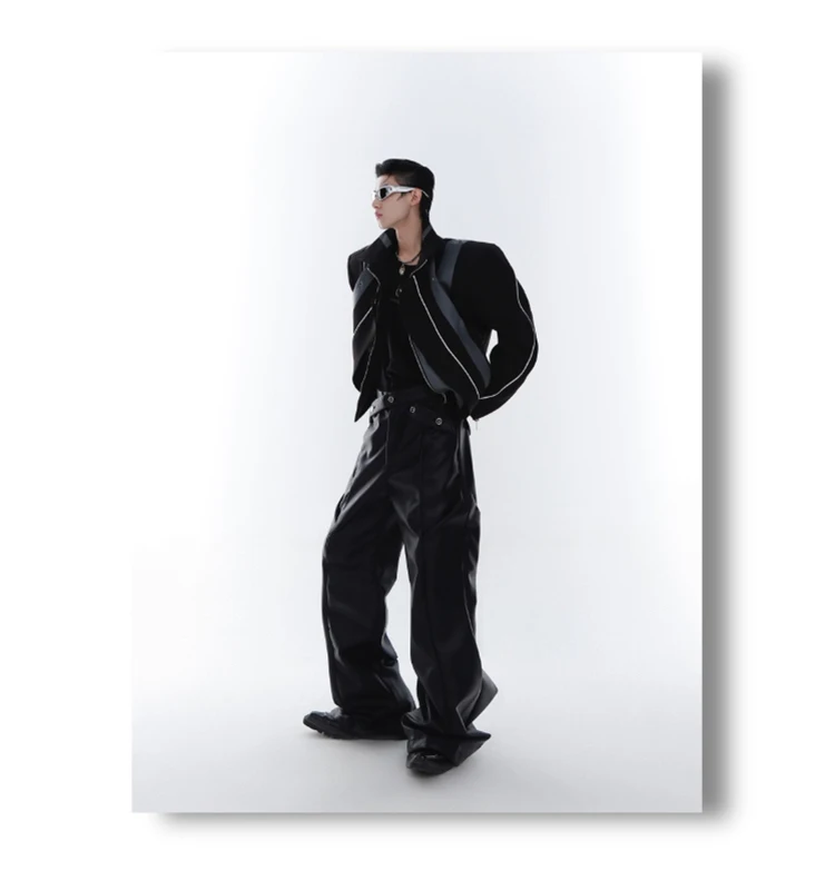 Mauroicardi Spring Autumn Long Loose Casual Brown Black Pu Leather Pants Men Luxury Designer Clothing Wide Leg Trousers 2023