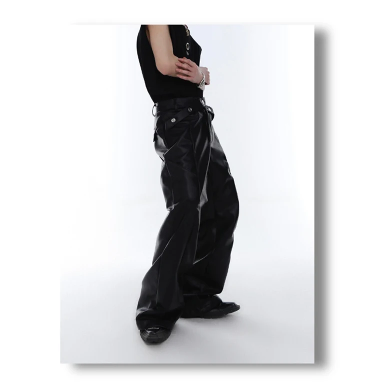 Mauroicardi Spring Autumn Long Loose Casual Brown Black Pu Leather Pants Men Luxury Designer Clothing Wide Leg Trousers 2023