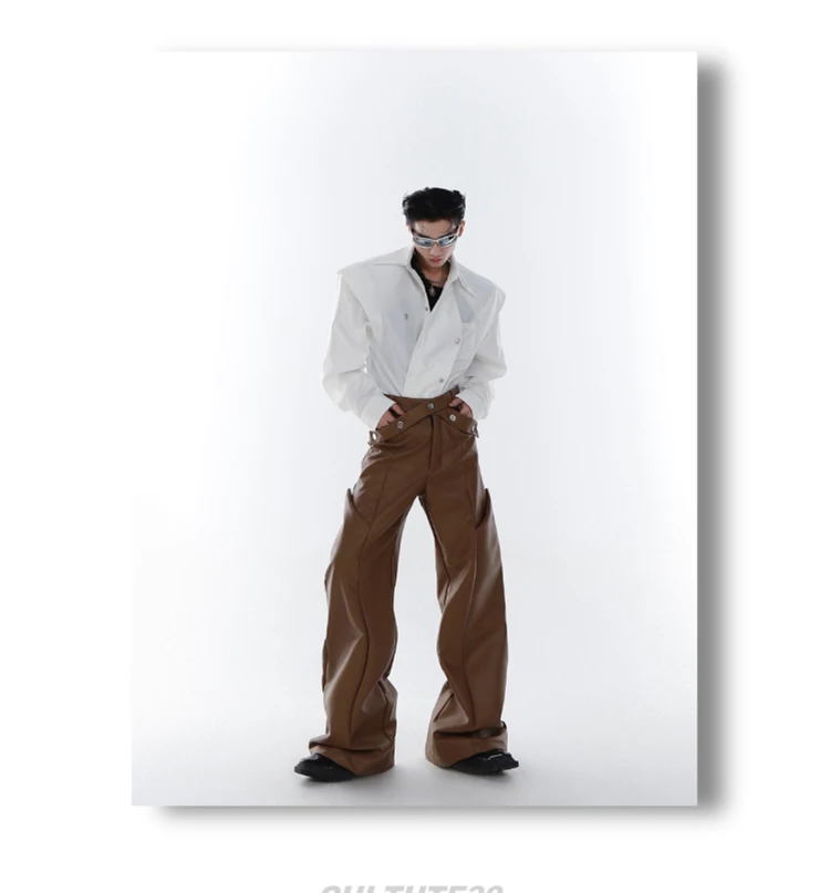 Mauroicardi Spring Autumn Long Loose Casual Brown Black Pu Leather Pants Men Luxury Designer Clothing Wide Leg Trousers 2023