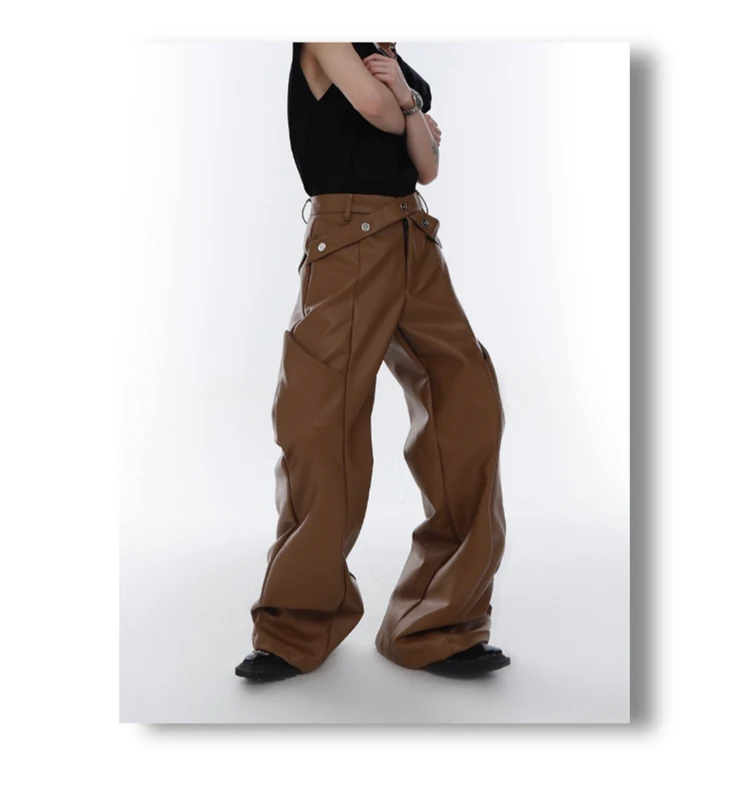 Mauroicardi Spring Autumn Long Loose Casual Brown Black Pu Leather Pants Men Luxury Designer Clothing Wide Leg Trousers 2023