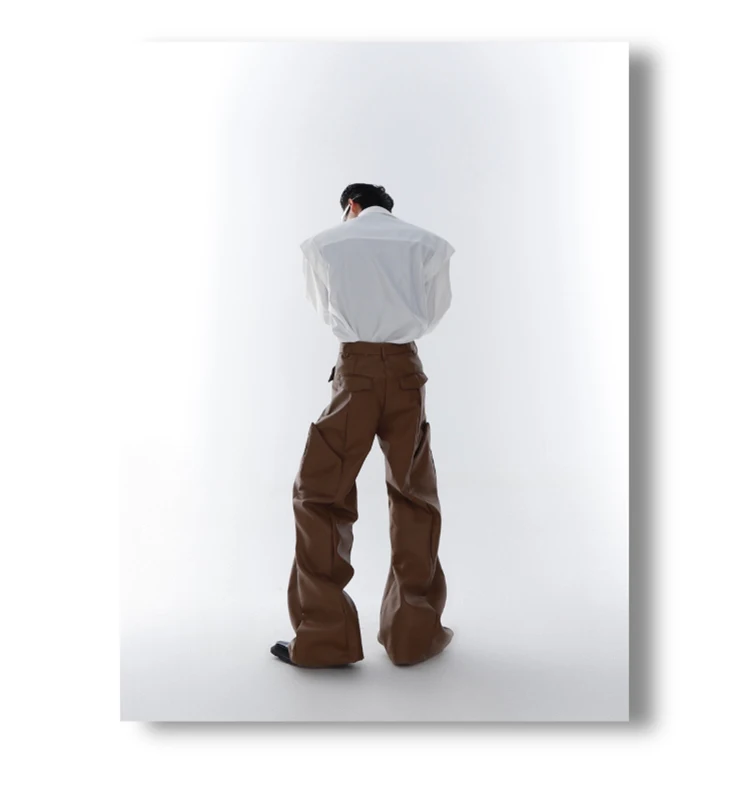 Mauroicardi Spring Autumn Long Loose Casual Brown Black Pu Leather Pants Men Luxury Designer Clothing Wide Leg Trousers 2023