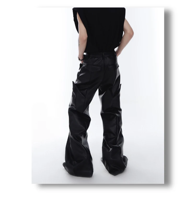 Mauroicardi Spring Autumn Long Loose Casual Brown Black Pu Leather Pants Men Luxury Designer Clothing Wide Leg Trousers 2023