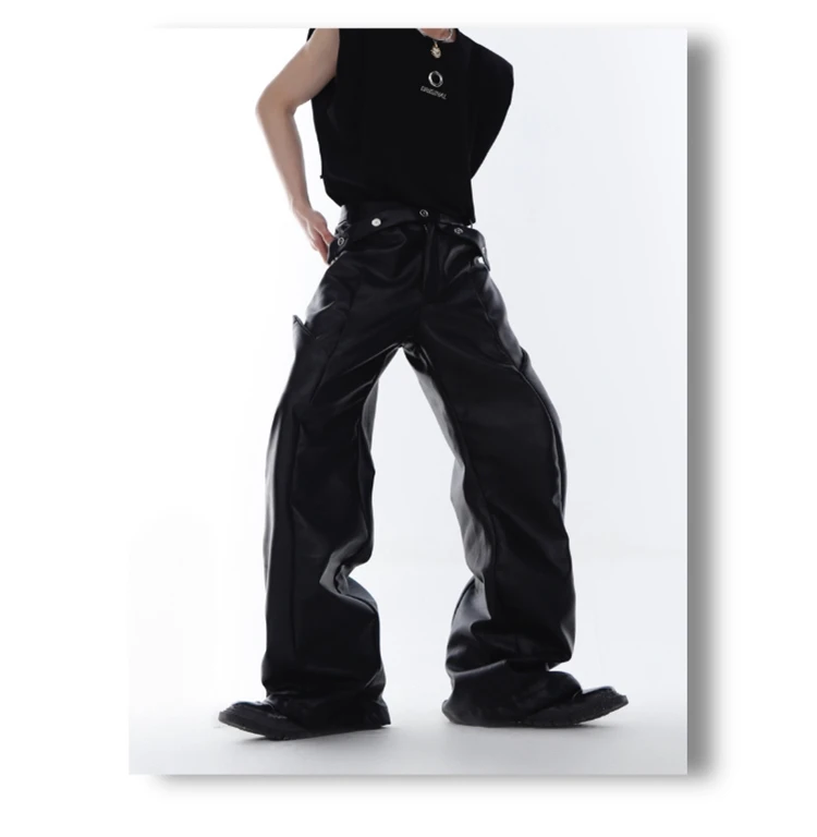 Mauroicardi Spring Autumn Long Loose Casual Brown Black Pu Leather Pants Men Luxury Designer Clothing Wide Leg Trousers 2023
