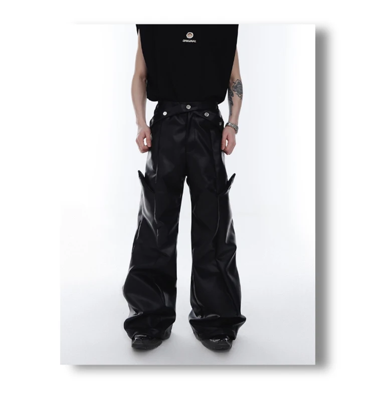 Mauroicardi Spring Autumn Long Loose Casual Brown Black Pu Leather Pants Men Luxury Designer Clothing Wide Leg Trousers 2023