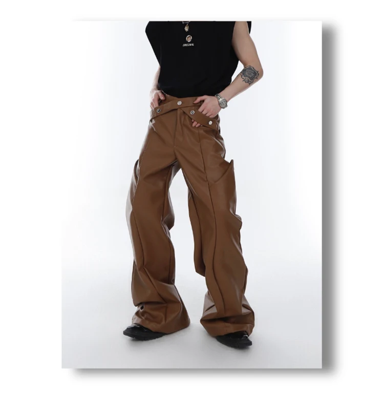 Mauroicardi Spring Autumn Long Loose Casual Brown Black Pu Leather Pants Men Luxury Designer Clothing Wide Leg Trousers 2023