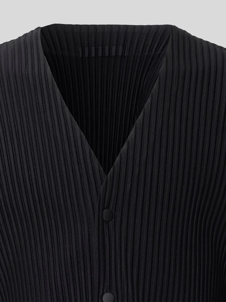 Miyake Pleated V-Neck Cardigan Men Long Sleeve Button Front Loose Casual Outerwear with Side Pockets Japanese Minimalist Plisse