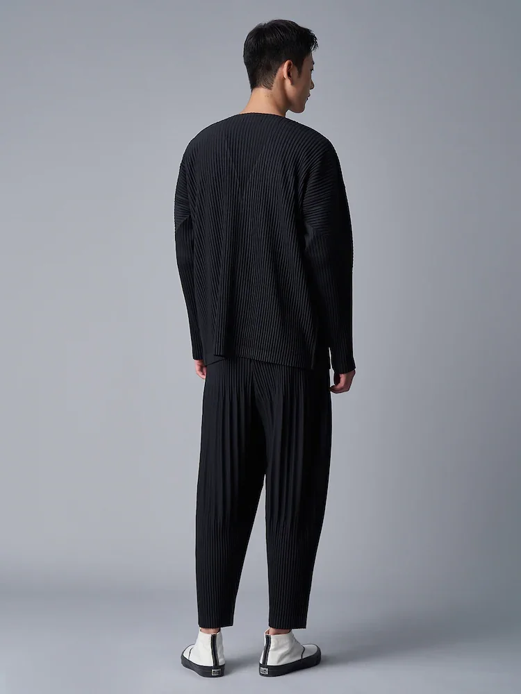 Miyake Pleated V-Neck Cardigan Men Long Sleeve Button Front Loose Casual Outerwear with Side Pockets Japanese Minimalist Plisse