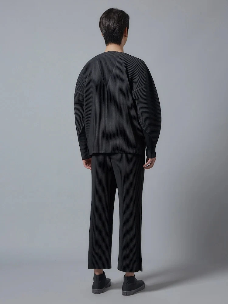 Miyake Pleated V-Neck Cardigan Men Long Sleeve Button Front Loose Casual Outerwear with Side Pockets Japanese Minimalist Plisse