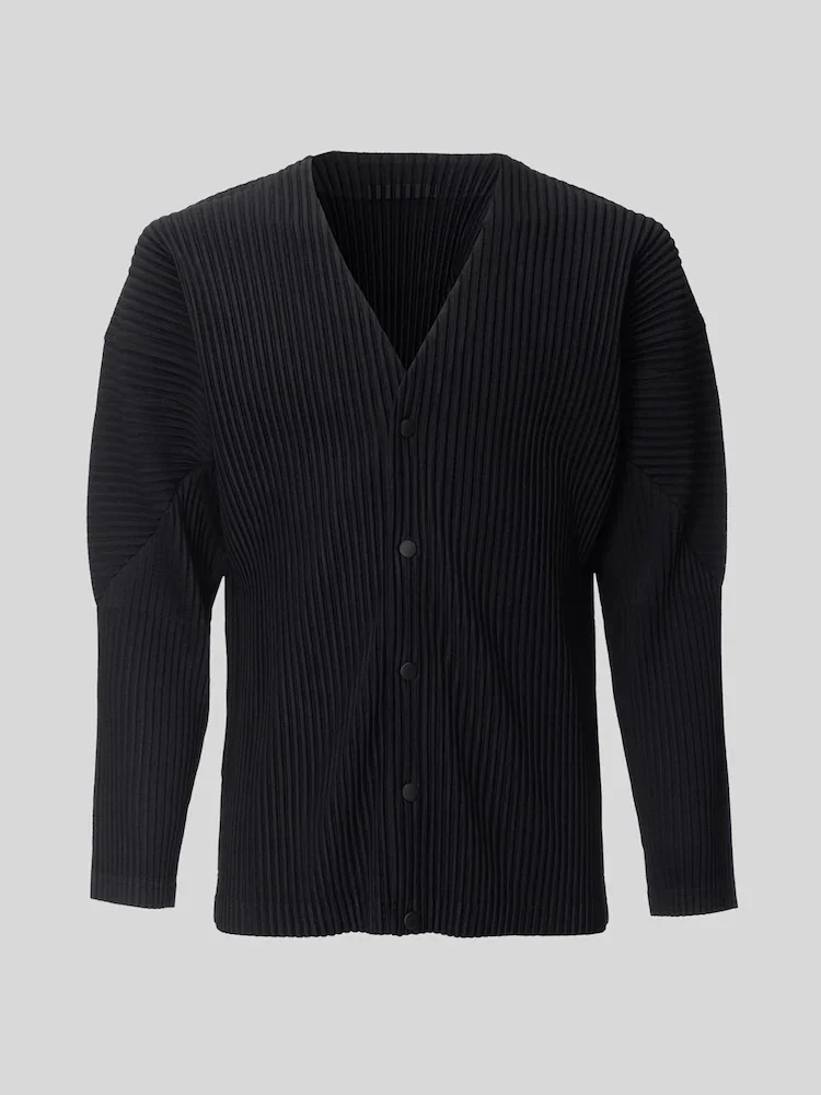 Miyake Pleated V-Neck Cardigan Men Long Sleeve Button Front Loose Casual Outerwear with Side Pockets Japanese Minimalist Plisse