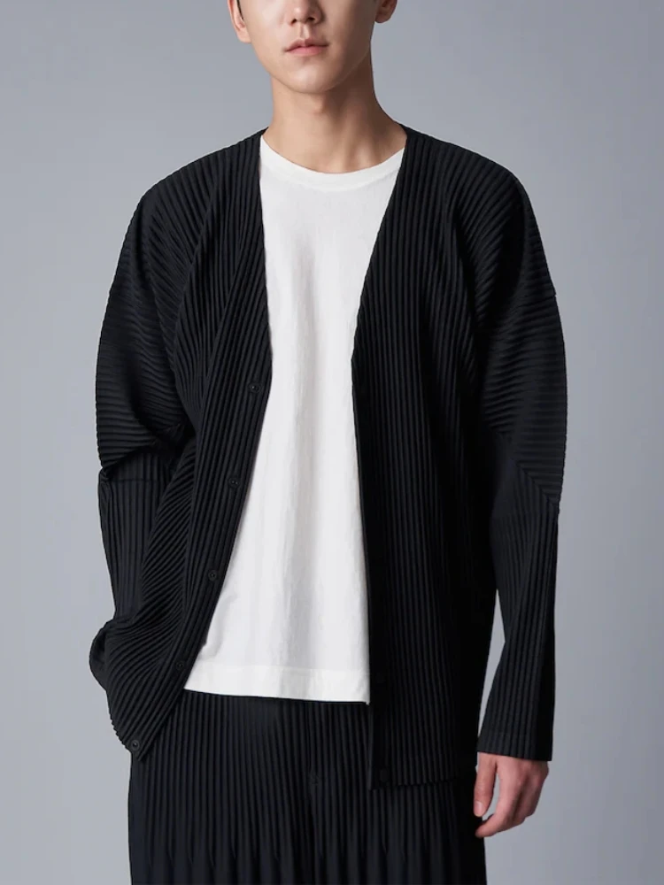 Miyake Pleated V-Neck Cardigan Men Long Sleeve Button Front Loose Casual Outerwear with Side Pockets Japanese Minimalist Plisse