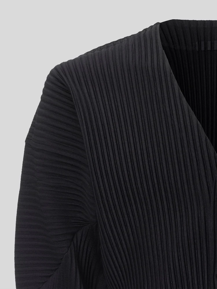 Miyake Pleated V-Neck Cardigan Men Long Sleeve Button Front Loose Casual Outerwear with Side Pockets Japanese Minimalist Plisse