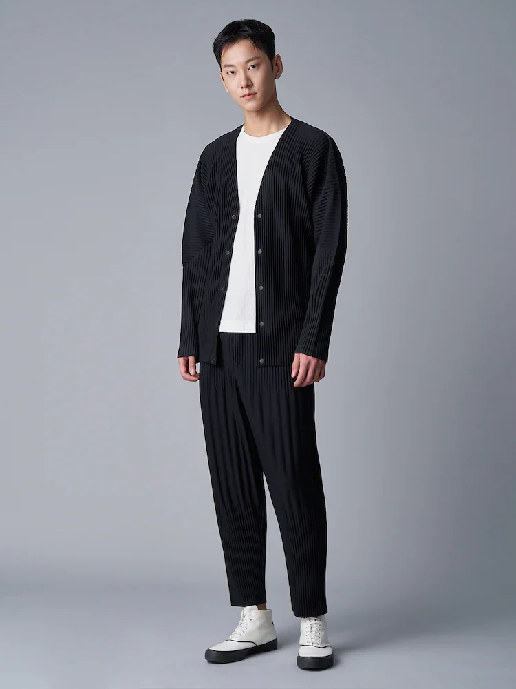 Miyake Pleated V-Neck Cardigan Men Long Sleeve Button Front Loose Casual Outerwear with Side Pockets Japanese Minimalist Plisse