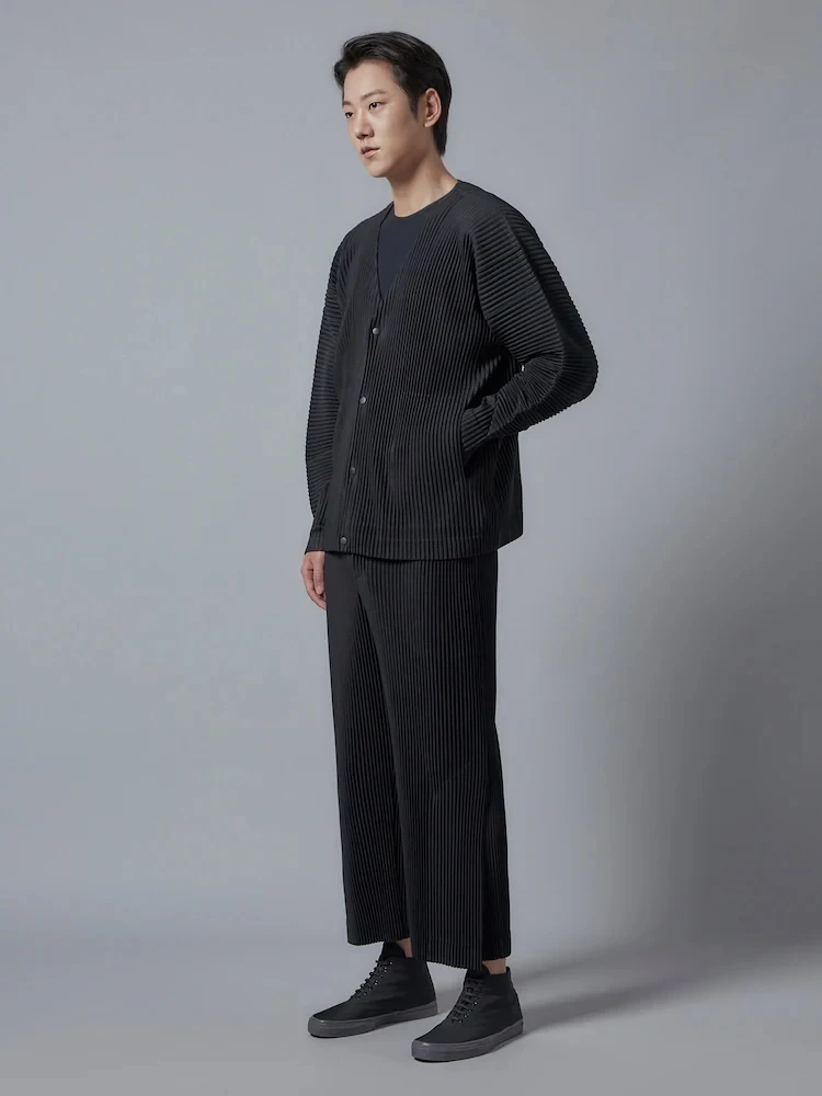 Miyake Pleated V-Neck Cardigan Men Long Sleeve Button Front Loose Casual Outerwear with Side Pockets Japanese Minimalist Plisse