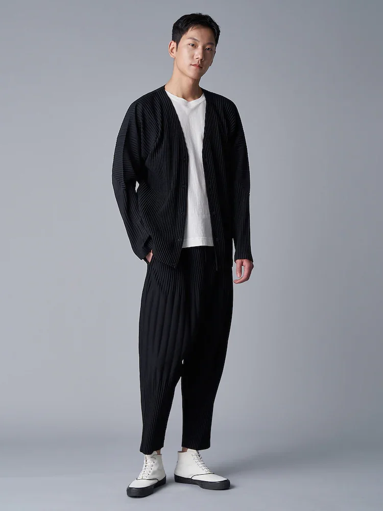 Miyake Pleated V-Neck Cardigan Men Long Sleeve Button Front Loose Casual Outerwear with Side Pockets Japanese Minimalist Plisse