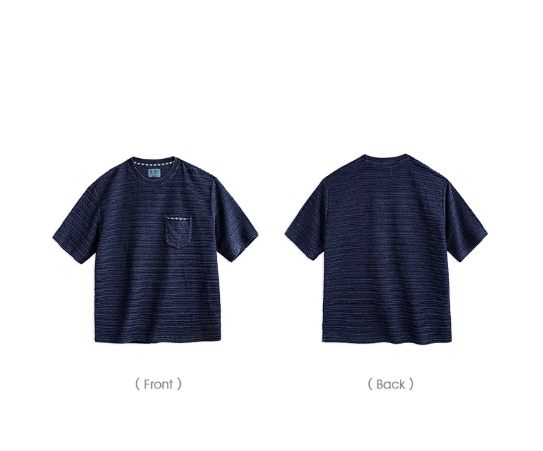 Maden Retro Knitted Jacquard Navy Blue T-shirt with Wavy Texture Loose Short-sleeved Round Neck Tee for Men's Summer Tops