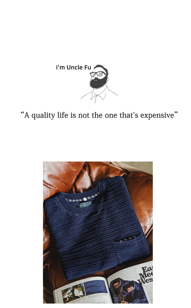 Maden Retro Knitted Jacquard Navy Blue T-shirt with Wavy Texture Loose Short-sleeved Round Neck Tee for Men's Summer Tops