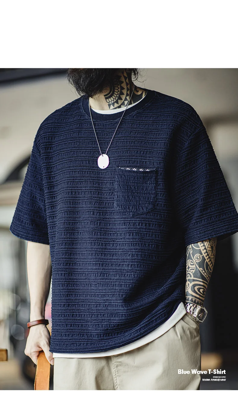 Maden Retro Knitted Jacquard Navy Blue T-shirt with Wavy Texture Loose Short-sleeved Round Neck Tee for Men's Summer Tops