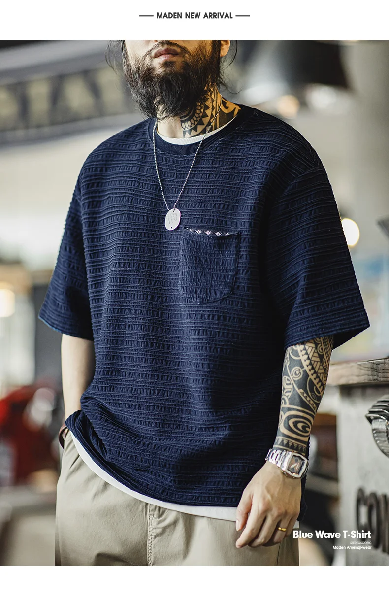 Maden Retro Knitted Jacquard Navy Blue T-shirt with Wavy Texture Loose Short-sleeved Round Neck Tee for Men's Summer Tops