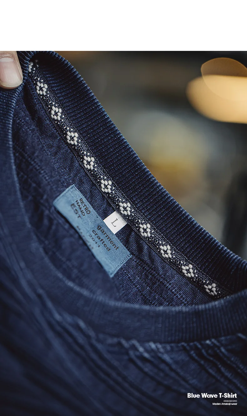 Maden Retro Knitted Jacquard Navy Blue T-shirt with Wavy Texture Loose Short-sleeved Round Neck Tee for Men's Summer Tops