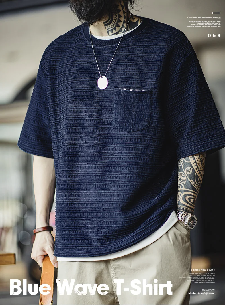 Maden Retro Knitted Jacquard Navy Blue T-shirt with Wavy Texture Loose Short-sleeved Round Neck Tee for Men's Summer Tops