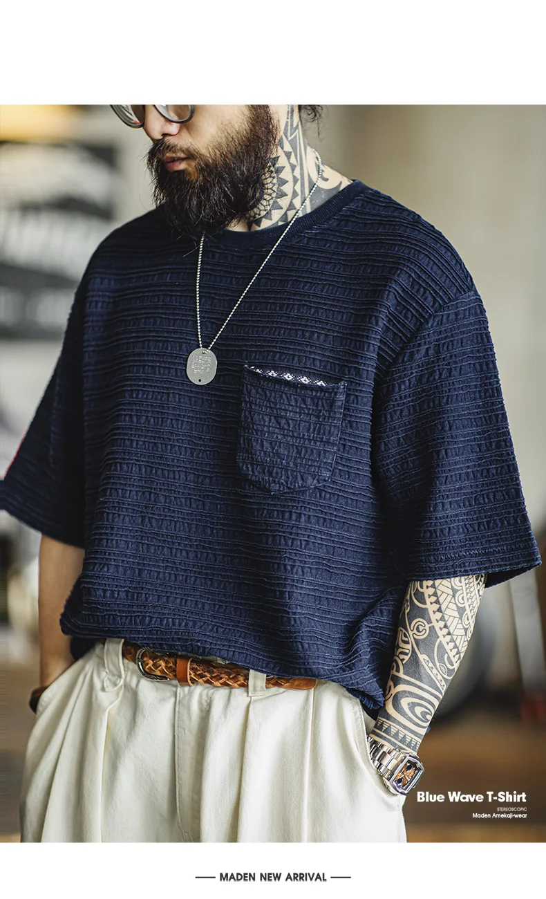 Maden Retro Knitted Jacquard Navy Blue T-shirt with Wavy Texture Loose Short-sleeved Round Neck Tee for Men's Summer Tops