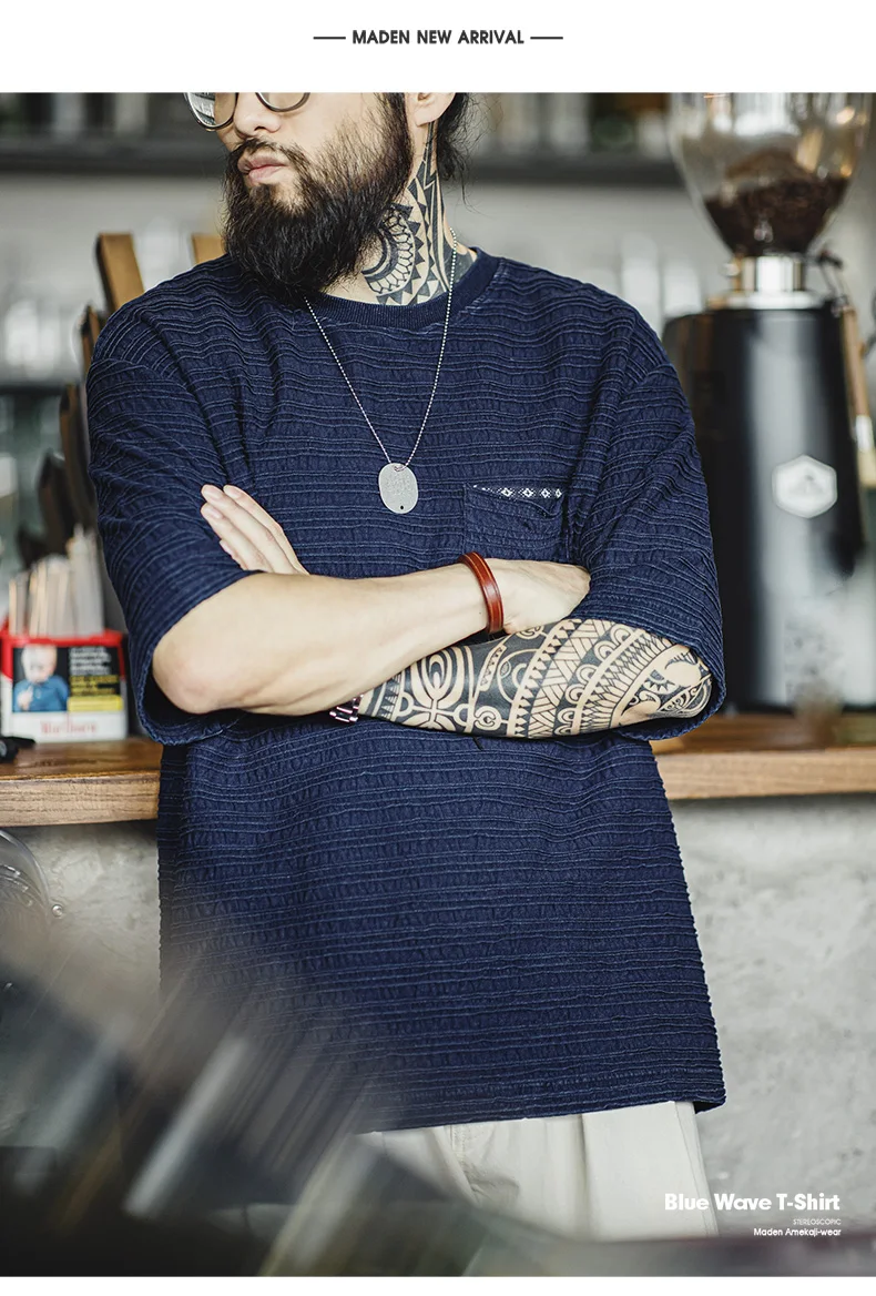 Maden Retro Knitted Jacquard Navy Blue T-shirt with Wavy Texture Loose Short-sleeved Round Neck Tee for Men's Summer Tops