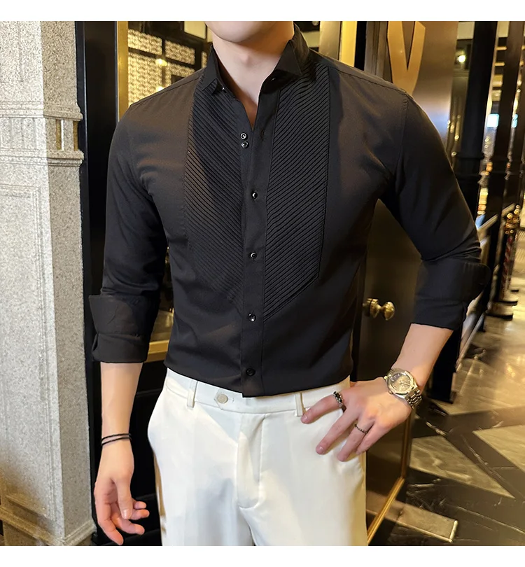 2023 Autumn Banquet Gentleman Dress French Collar Shirt Men's Long Sleeve Casual Business Organ Pleated Shirt Men Clothing