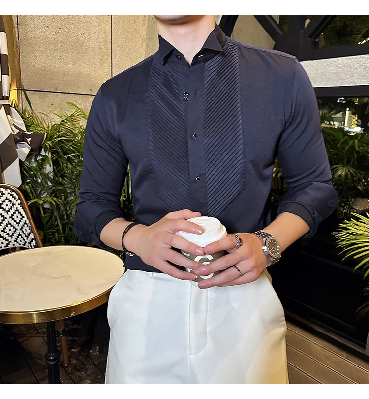2023 Autumn Banquet Gentleman Dress French Collar Shirt Men's Long Sleeve Casual Business Organ Pleated Shirt Men Clothing