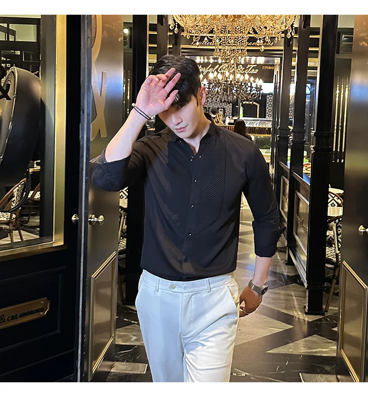 2023 Autumn Banquet Gentleman Dress French Collar Shirt Men's Long Sleeve Casual Business Organ Pleated Shirt Men Clothing
