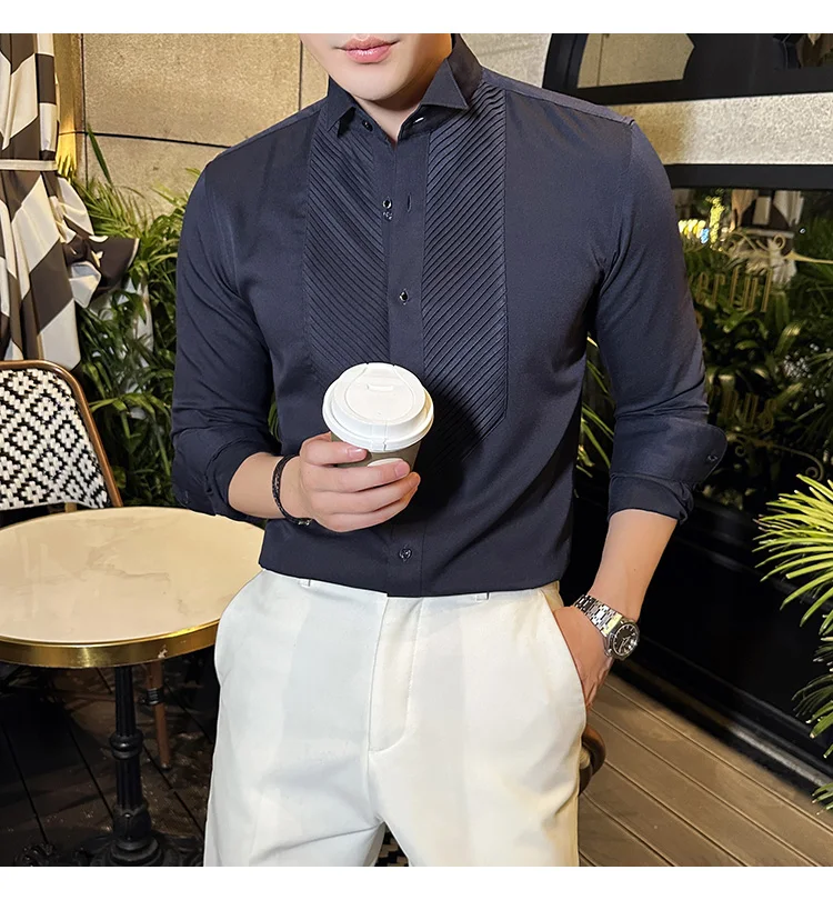 2023 Autumn Banquet Gentleman Dress French Collar Shirt Men's Long Sleeve Casual Business Organ Pleated Shirt Men Clothing