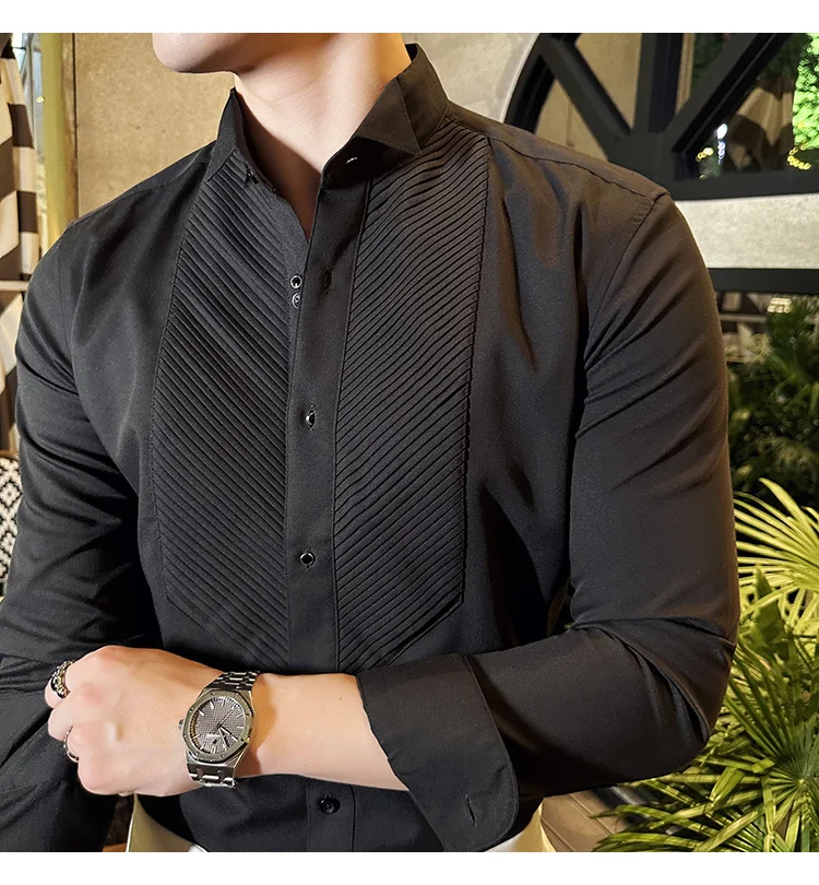 2023 Autumn Banquet Gentleman Dress French Collar Shirt Men's Long Sleeve Casual Business Organ Pleated Shirt Men Clothing