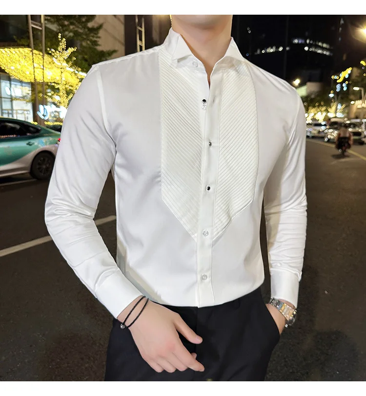 2023 Autumn Banquet Gentleman Dress French Collar Shirt Men's Long Sleeve Casual Business Organ Pleated Shirt Men Clothing