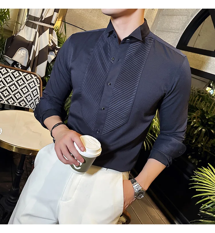 2023 Autumn Banquet Gentleman Dress French Collar Shirt Men's Long Sleeve Casual Business Organ Pleated Shirt Men Clothing