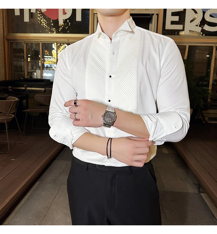 2023 Autumn Banquet Gentleman Dress French Collar Shirt Men's Long Sleeve Casual Business Organ Pleated Shirt Men Clothing