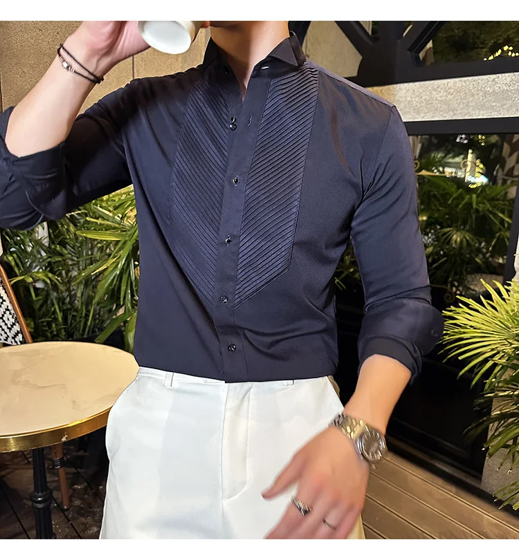 2023 Autumn Banquet Gentleman Dress French Collar Shirt Men's Long Sleeve Casual Business Organ Pleated Shirt Men Clothing