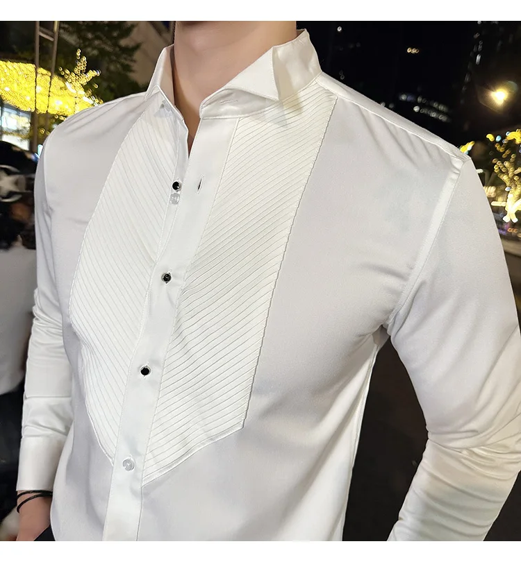 2023 Autumn Banquet Gentleman Dress French Collar Shirt Men's Long Sleeve Casual Business Organ Pleated Shirt Men Clothing