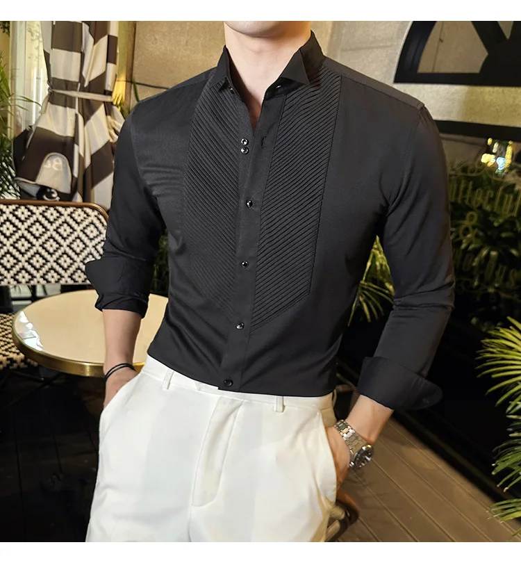 2023 Autumn Banquet Gentleman Dress French Collar Shirt Men's Long Sleeve Casual Business Organ Pleated Shirt Men Clothing