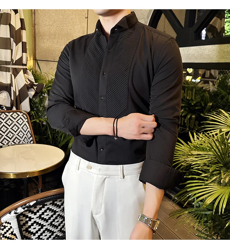 2023 Autumn Banquet Gentleman Dress French Collar Shirt Men's Long Sleeve Casual Business Organ Pleated Shirt Men Clothing