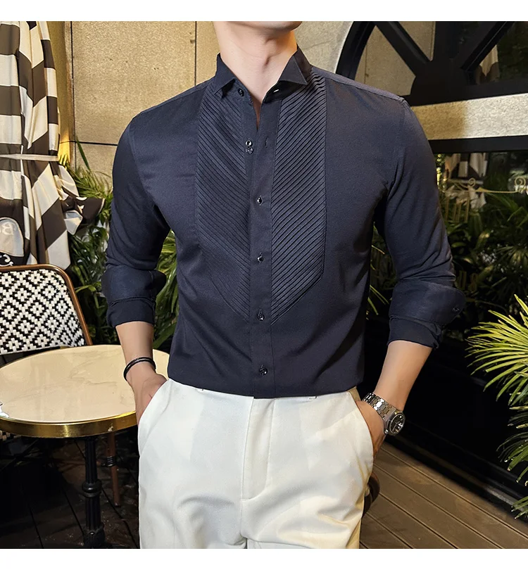 2023 Autumn Banquet Gentleman Dress French Collar Shirt Men's Long Sleeve Casual Business Organ Pleated Shirt Men Clothing