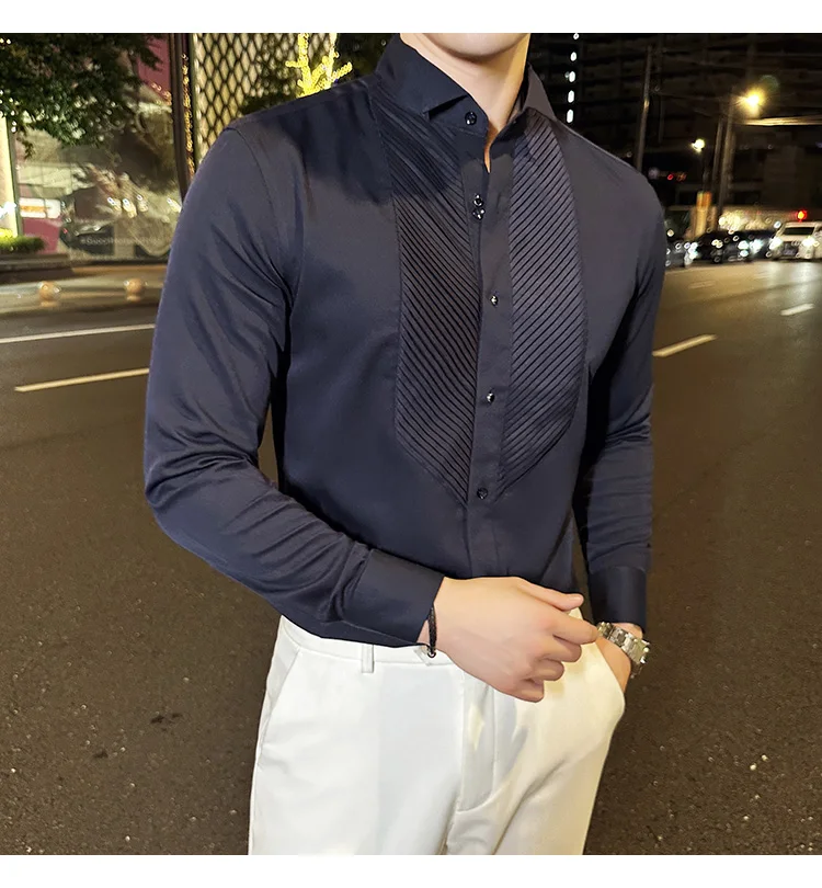 2023 Autumn Banquet Gentleman Dress French Collar Shirt Men's Long Sleeve Casual Business Organ Pleated Shirt Men Clothing